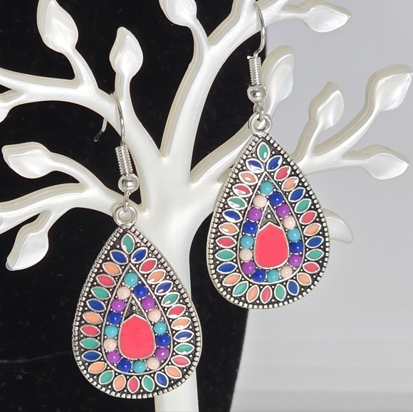 Multi Color Seed Bead Teardrop Dangle Earrings - Picture 1 of 6